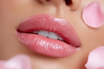 Obraz premium Close-Up of Glossy Pink Lips Surrounded by Soft Flower Petals