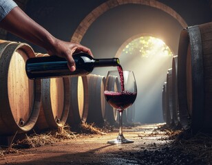 Primer plano mano de camarero sirviendo vino tinto en una copa de vino en una bodega