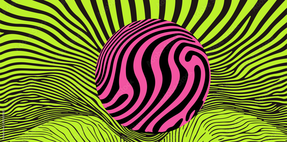 Poster vector illustration in y2k style featuring a central pink sphere with wavy black lines, surrounded b