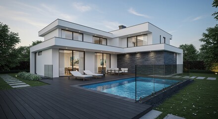Modern home with pool at dusk