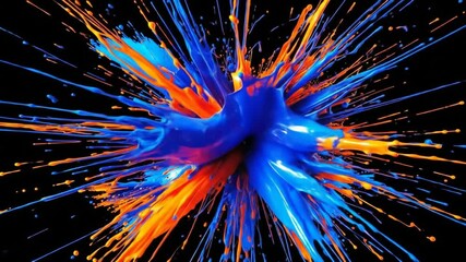 A burst of vibrant paints swirling and colliding against a stark, black background