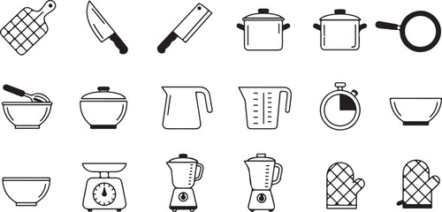 Food preparation — chopping board, knife, pot, pan, measuring cup, timer, bowl, scale, blender, oven mitt.