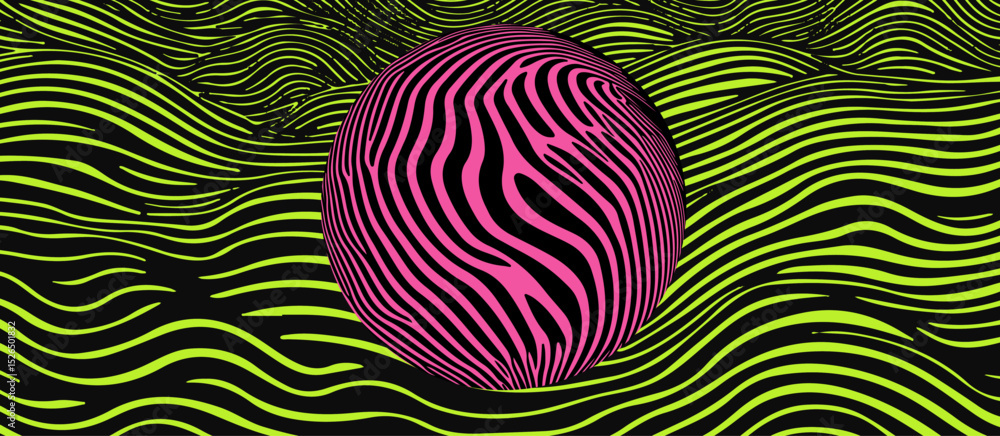 Poster vector illustration in y2k style featuring a central pink sphere with wavy black lines, surrounded b