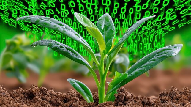 Green Technology Plant Growth with Digital Data Stream. Sustainability and Future Tech.