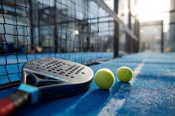 A realistic photo of a modern padel racket and yellow padel balls placed on a clean blue padel court surface