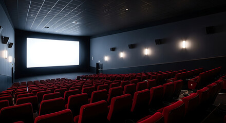 Empty Movie Theater with Red Seats and Glowing Screen