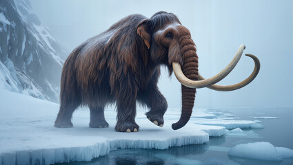 Woolly Mammoth Standing on Ice Floe in Arctic Prehistoric Landscape with Snow Mountains and Frozen Water