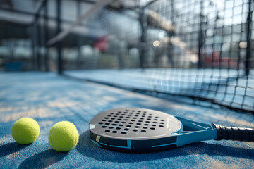 A realistic photo of a modern padel racket and yellow padel balls placed on a clean blue padel court surface