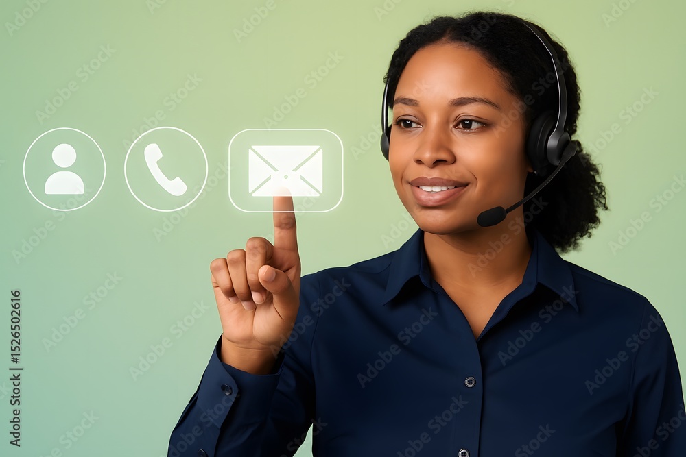 Poster a customer service representative with a headset smiles as she interacts with a digital interface th