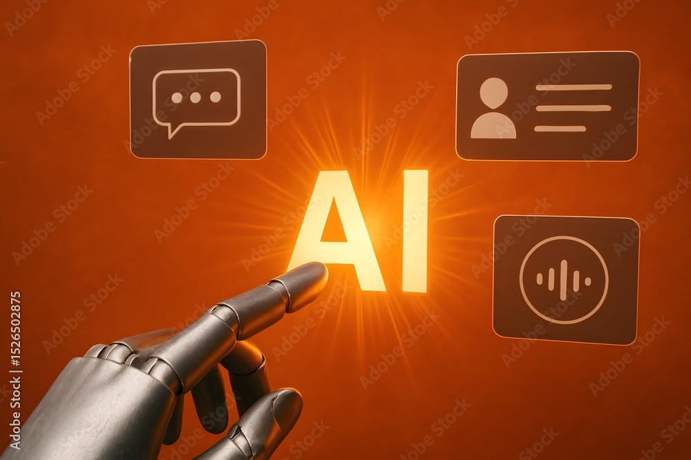 Poster a futuristic robotic hand interact with artificial intelligence, showcasing innovative technological