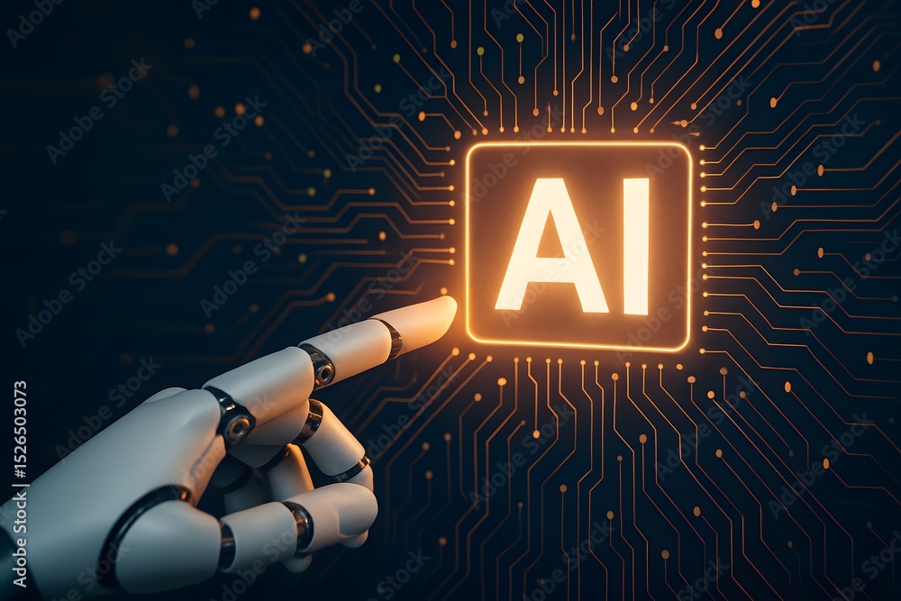 Poster artificial intelligence glows warmly as a robot hand delicately touches the glowing surface, symboli