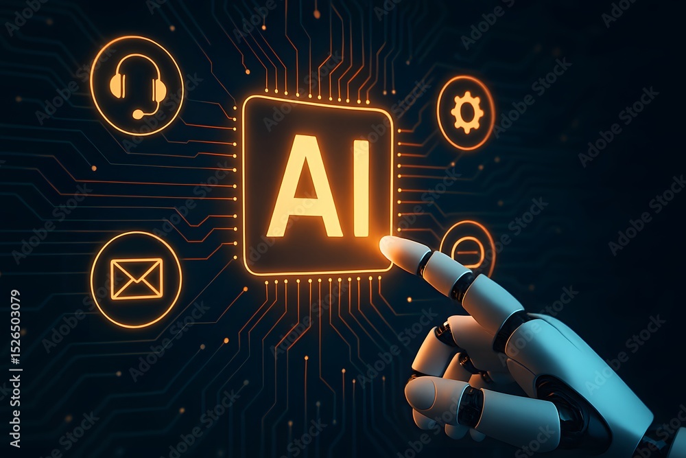 Poster a robotic hand touches an ai interface, illuminated by glowing circuits and user-friendly icons, sym