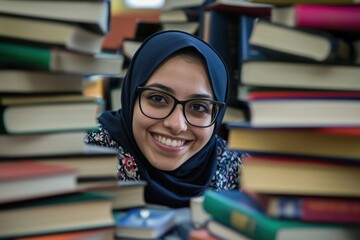 Smiling Student Surrounded by Books in a Library - Focus on Learning and Culture.