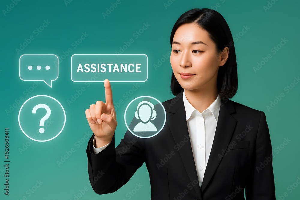 Poster dedicated service assistant uses futuristic interface to connect to client support, delivering solut
