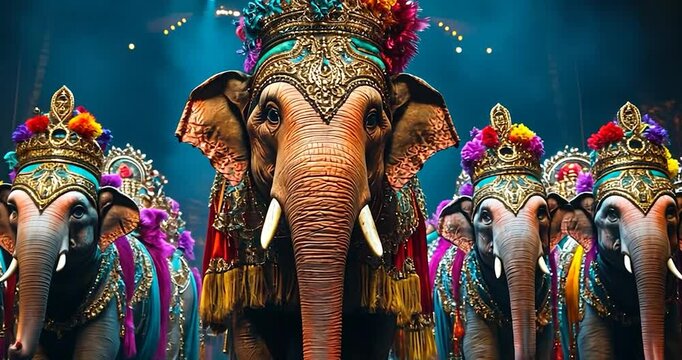 Close-up of multiple elephants in decorative attire and headwear, showcasing the majestic animals. The scene is set with a dark background, vibrant colors, and focus on the intricate details