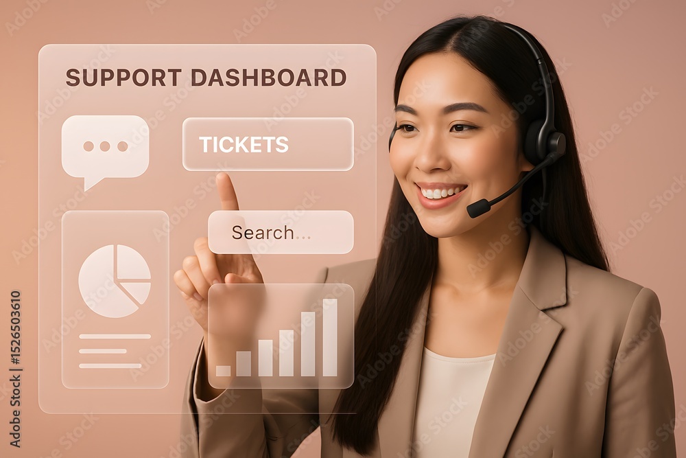 Poster an asian woman working on support dashboard, demonstrating the efficiency of digital customer servic