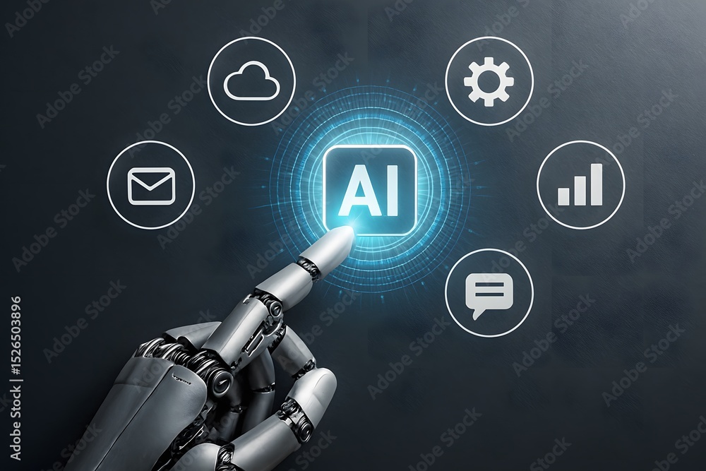 Poster a robotic hand interacts with an ai interface, representing technological advancement and futuristic