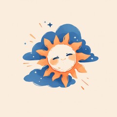 Sun icon, cute cartoon illustration style, clean white background and simple lines.