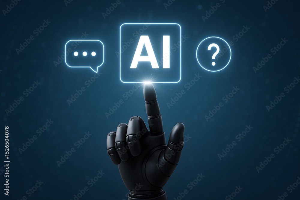 Poster a futuristic image of a person's hand pointing at a neon ai icon on a digital interface, symbolizing