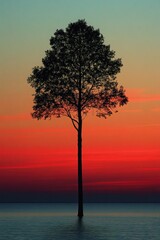 Fototapeta premium Lone Tree Silhouette at Dramatic Sunset by Water