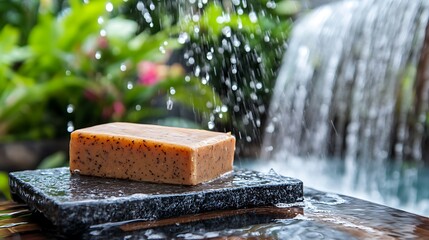 Natural soap bar on a black slate with a waterfall background for wellness theme