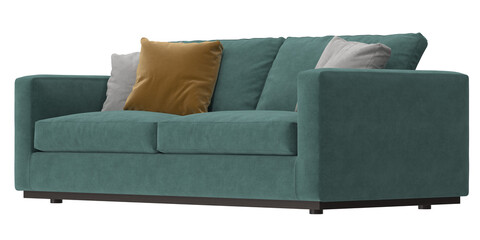 green fabric sofa angled view isolated.