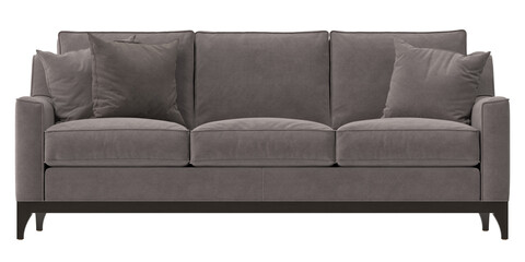 grey fabric sofa front view isolated.