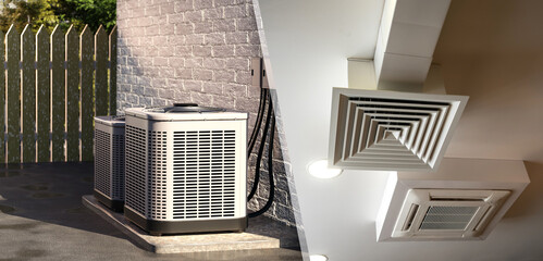 External air conditioner pumps near wall. Ventilation pipes under ceiling of room. Air handling unit. Vents equipment. Air-conditioning ducts. Ventilation technologies. Industrial utilities