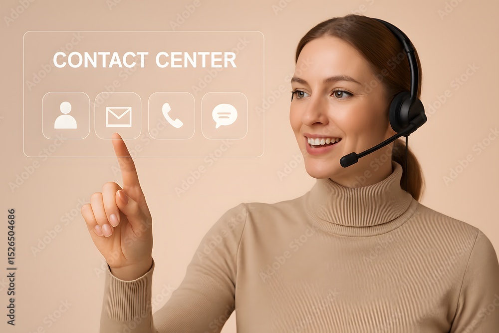 Poster an enthusiastic support agent from contact center interacts with holographic display, showing dedica