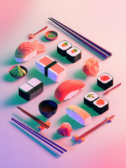 Minimalist 3D flat design poster featuring iconic sushi elements