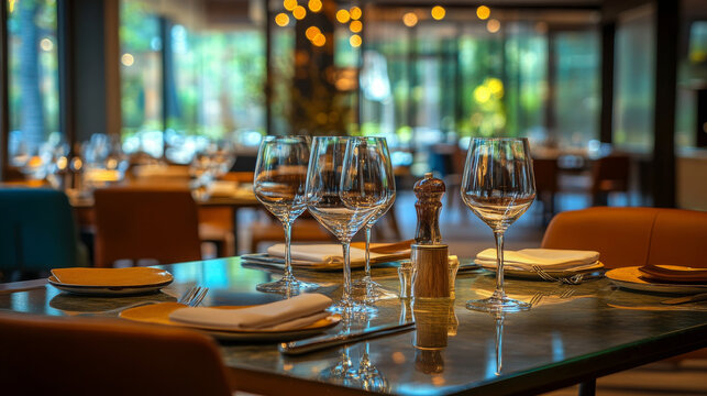 Luxury restaurant interior featuring elegantly set tables with glassware, embodying refined hospitality and exceptional service.
- Powered by Adobe