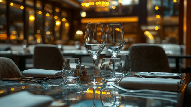Luxury restaurant interior featuring elegantly set tables with glassware, embodying refined hospitality and exceptional service.