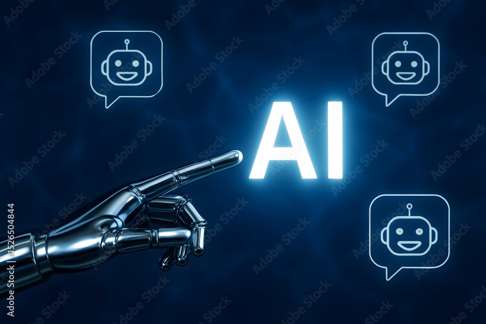 Poster a robotic hand points at a glowing 