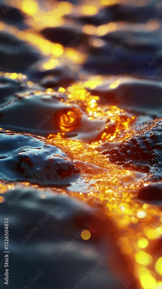 Poster Luminous Stream Cascading into Dark Liquid Surface, Creating Mesmerizing Ripples and Light