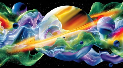 Abstract Cosmic Background with Planet and Colorful Nebula Swirls, Digital Art