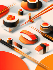Minimalist 3D flat design poster featuring iconic sushi elements