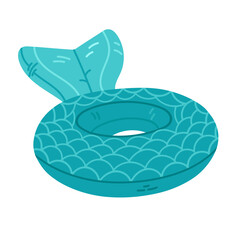 Turquoise inflatable pool float shaped like a mermaid tail ring, ideal for summer visuals, beach gear illustrations, and kids’ swim content