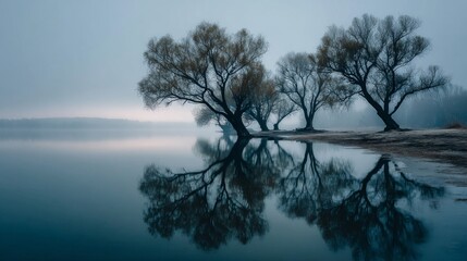 Serene Lake Reflection with Mist Shrouded Trees