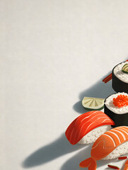 Minimalist 3D flat design poster featuring iconic sushi elements