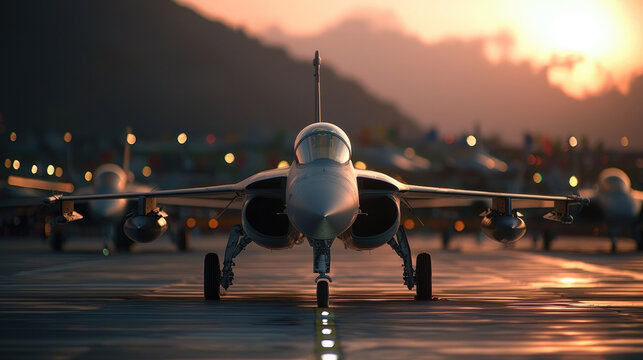 Fighter jet military aircraft runway sunset mountain silhouette dramatic aviation