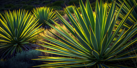Yucca bush with long sword-like dark green leaves and yellow edges in desert garden, dramatic 4K close-up