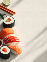 Minimalist 3D flat design poster featuring iconic sushi elements