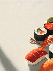 Minimalist 3D flat design poster featuring iconic sushi elements