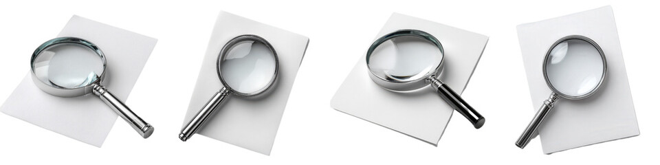 Various Magnifying Glasses on White Background with Paper Sheets