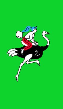 Animated woman riding ostrich with a mailbag across green screen background