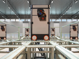 Automated warehouse robots on rail tracks operating in a smart logistics center for high-efficiency storage and distribution. - Warehouse. Logistics. Automation.