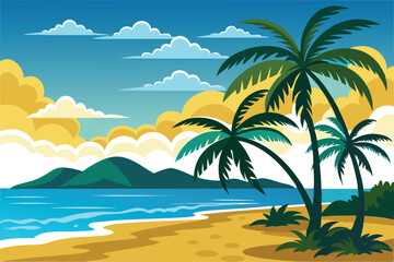 Obraz premium Serene Tropical Beach Sunset Palm Trees, Ocean, and Golden Sands