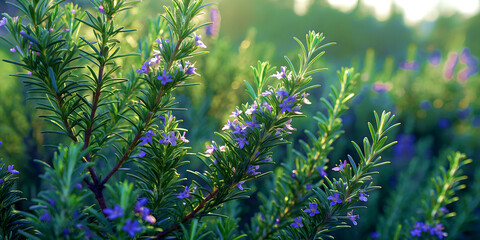 Rosemary bush with needle-like dark green leaves and purple-blue flowers, sunlight texture, ultra-HD 4K