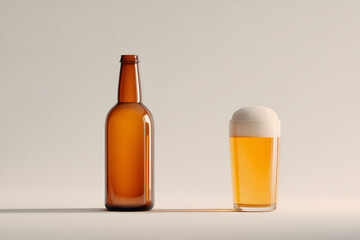 minimalist 3d poster of beer bottle and glass on white background