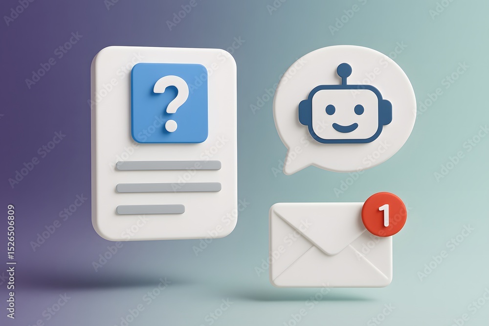 Poster illustrated digital communication icons representing a chat bot question prompt email and more
